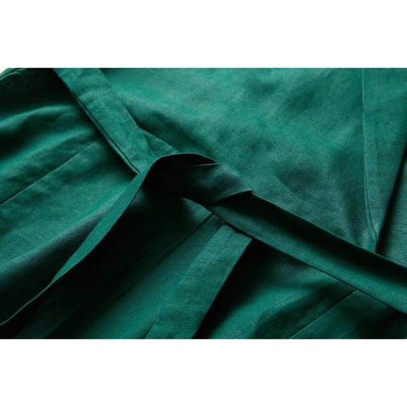 Linen Casual Wide Leg Relaxed Collar V Neck Short Sleeve Jumpsuit Zip M Green - Picture 8 of 12